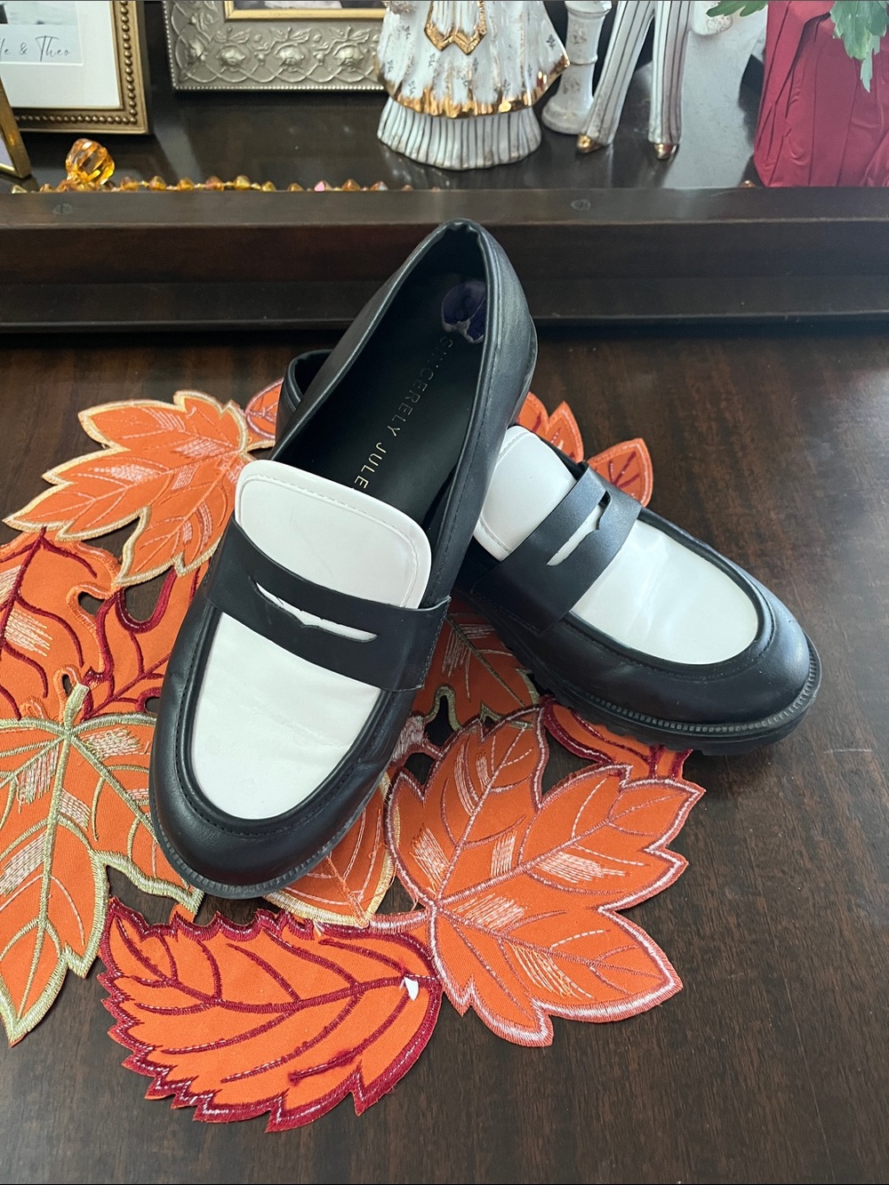 Sincerly Jules Two-Tone Black & White Leather Penny Loafers